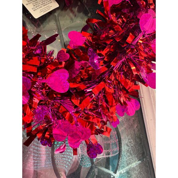 14” Red & Magenta Pink Tinsel Heart Valentines Day Wreath Door Hanger Wall Decor - Picture 3 of 6